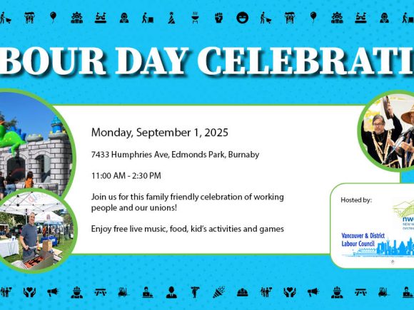 Labour Day Celebration invitation with pictures of First Nations men in cedar hats, a bouncy castle, a bunch of people outdoors under marquee tents