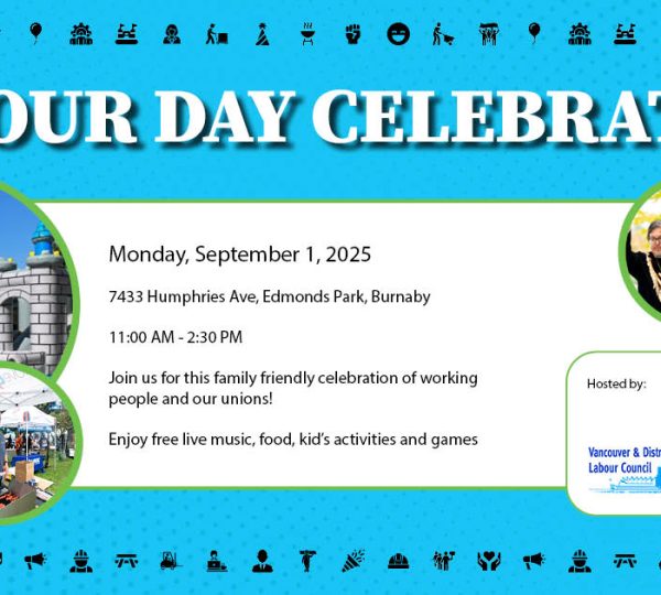 Labour Day Celebration invitation with pictures of First Nations men in cedar hats, a bouncy castle, a bunch of people outdoors under marquee tents
