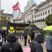 The face of the Art Gallery, a man holding the Canadian flag and with another person also holding a big banner which reads 'Democracy Rising'
